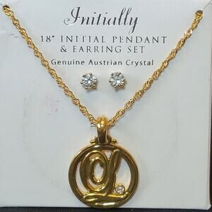 L Initial Earrings‎ Necklace Pendant Set Genuine Austrian Crystal Gold Jewelry